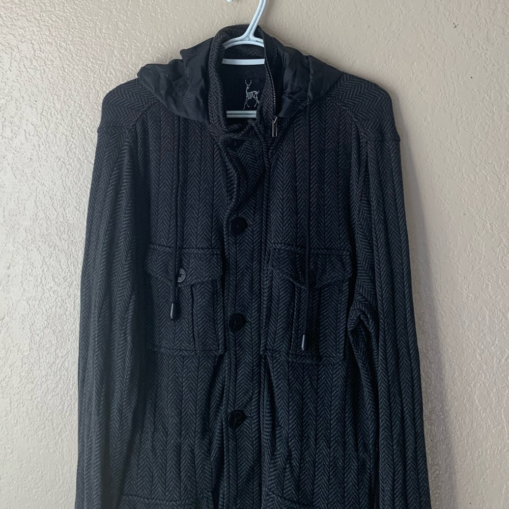 Kane & Unke Four Pocket Black Chevron Print Hooded Gorpcore Jacket Size M
